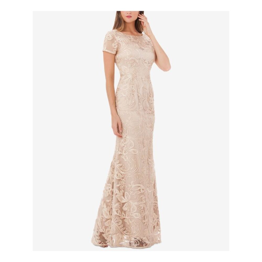 NWT JS COLLECTION Womens Beige Soutache Gown Short Sleeve Full-Length Dress 4